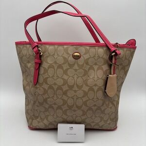 Coach Peyton Signature Zip Top Tote – F27348 Light Khaki/Tan/Pink RARE - Read